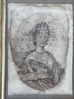 Auktion 350 / Los 5008 <br>anonyme aquarellierte Zeichnung, Frauenportrait, 17/18. Jhd.?, fleckig, ger/glas, RG 21x14 cm