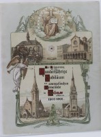 Auktion 352 / Los 6071 <br>grossformatiger farbiger Druck, Zur Erinnerung an das Hundertjährige Jubiläum der evangelischen  Gemeinde in Cöln a. Rhein 1802-1902, ca. 36,8 x 28cm