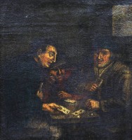 Auktion 351 / Los 4011 <br>wohl Adriaen BROUWER (1605/06-1638), Kartenspieler, Öl/Leinwand. alt gerahmt, restau.bedürftig, RG 25 x 23,5cm