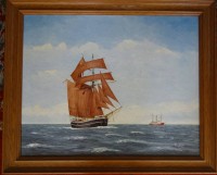 Auktion 351 / Los 4032 <br>Harald RICKLEFS (1935) "Dänischer Schoner in Kieler Bucht", Öl/Malfaser, gerahmt, RG 47x57 cm