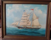 Auktion 351 / Los 4033 <br>Petersen  "Segelschiff Levante vor Ufer" Öl/Leinen, gerahmt, RG 50x60 cm