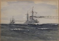 Auktion 351 / Los 4040 <br>H.v.Pein , Aquarell zweier Kriegsschiffe auf offener See .