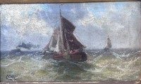 Auktion 351 / Los 4045 <br>C. Otte (dt. Marinemaler des 19.Jhd" Boote auf See" mÖl/Leinen, 19x31 cm, gut und breit gerahmt, RG 39x53 cm, Namensschild