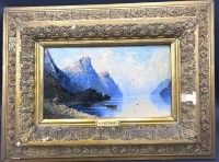 Auktion 351 / Los 4047 <br>O. Petersen "Fjordlandschaft" Öl/Holz, 18x32 cm Namensschild, alt gerahmt, RG  37x50 cm