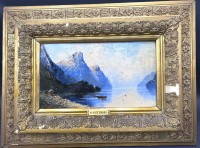 Auktion 356 / Los 4030 <br>O. Petersen "Fjordlandschaft" Öl/Holz, 18x32 cm Namensschild, alt gerahmt, RG  37x50 cm