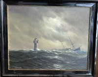 Auktion 351 / Los 4076 <br>B. Hasse "Dampfsegler vor Leuchtturm in schwerer See", Öl/Leinen, gerahmt, RG 60x70 cm