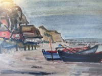 Auktion 351 / Los 5059 <br>Walter ZSCHUNKE (1913-1985)  Lithografie, Boote am Strand, wohl Rügen, in PP. 40x50 cm