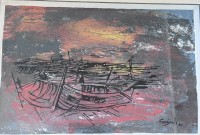 Auktion 351 / Los 5060 <br>unleserl. signierte Lithografie "Boote", ger/Glas, RG 45x57 cm