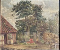 Auktion 352 / Los 4029 <br>anonym "Haus-Hinterhof" Öl/Leinen, alt gerahmt, RG 46x52 cm