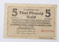 Auktion 352 / Los 6053 <br>Notgeldschein 5 Pfennig Gold , Bremerhaven /Geestemünde/Lehe