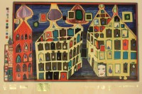 Auktion 352 / Los 5021 <br>Hundertwasser-Druck, Häuser, limit., ger./Glas, RG 55 x 74,5cm