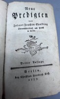 Auktion 352 / Los 3012 <br>"Neue Predigten von J.J. Spalbing" 1777, Gebrauchsspuren