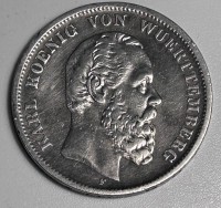 Auktion 353 / Los 6011 <br>5 Mark 1876, Karl König von Württemberg, Silber, Rand beschädigt