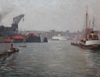 Auktion 353 / Los 4022 <br>Friedrich MISSFELDT (1874-1969), Kieler Hafen, Öl/Leinwand doubliert, gerahmt, RG 41 x 50cm