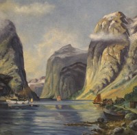 Auktion 353 / Los 4031 <br>R.Thoma, Fjordlandschaft, Öl/Malkarton, gerahmt, RG 37 x 37cm