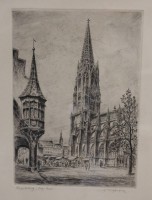 Auktion 353 / Los 5023 <br>Friedrich GÖRTITZ (1890-1973), Ansicht Freiburg, orig. Radierung, ger./Glas, RG 41,35 x 31cm