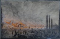 Auktion 354 / Los 5021 <br>Der große Brand in Hamburg vom 5. - 8. Mai 1842.- Blick auf die Binnenalster von der Ecke Lombardsbrücke aus gesehen.