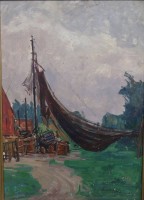 Auktion 355 / Los 4002 <br>Paul Ernst WILKE (1894-1972), 1963 "Fischernetz in Dorum", Öl/Platte, gerahmt, RG 80x60 cm, Rahmen bestoßen