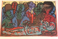 Auktion 355 / Los 5003 <br>A.R. PENCK (1939-2017) , Lenin auf dem Totenbett, 1992, Farbsiebdruck, handsigniert und bez. Probedruck.