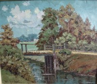 Auktion 355 / Los 4005 <br>Hans HENTSCHKE (1889-1969)  "Moorbrücke im Teufelsmoor", Öl/Leinen, gerahmt, RG 65x75 cm, kl. Farbabplatzer