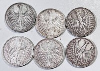 Auktion 355 / Los 6011 <br>11x 5 DM Kursmünzen, 1951-1974, grosser Adler, Silber, Nennwert 55 DM