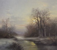 Auktion 355 / Los 4008 <br>Rudolf Otto Franke (1926 - 1992), winterliche Abendstimmung, Öl/Leinwand, gerahmt, RG 72 x 81,5cm