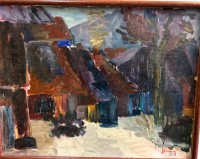 Auktion 355 / Los 4022 <br>Heinz Glüsing (1920 - 2013), 1963, Hamburger Künstler, s. Wikipedia, Hinterhof im Winter, Öl/Pappe, gerahmt, RG 50x66 cm