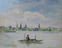 Auktion 355 / Los 4043 <br>Walter Dette, Hbg., Vormittag auf der Alster, Aquarell, gerahmt/Glas, RG 39,5 x 44,5cm