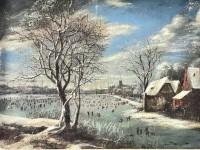 Auktion 356 / Los 4007 <br>Altmeister "Winterlandschaft" verso betitelt "Abel Grimmer 1573-1619" Öl/Leinen, doubliert auf Metallplatte?, gerahmt, RG 31x39 cm