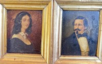 Auktion 356 / Los 4015 <br>Paar Miniatur  Biedermeier-Portraits, wohl ein  Ehepaar, verso schwer lesbar betitelt,  gerahmt, RG 11x10 cm