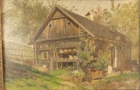 Auktion 357 / Los 4008 <br>unleserl. signiert, 1929 "Kleines Haus mit Bienenstöcken" Öl/Pappe, alt gerahmt, 40x51 cm