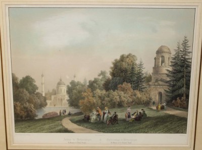 Auktion <br>Schwetzingen, Gartenanlage, Moschee und röm. Tempel, Lithographie, handcolo. um 1845, ger./Glas, RG 60,5 x 70,5cm. [1]