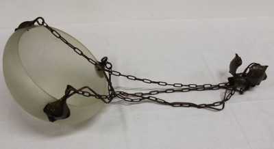 Auktion <br>schöne Jugendstil-Deckenlampe, Milchglas, mit geschnittenen Frauenköpfen, ca. D-35cm ca. L-100 cm,, [1]