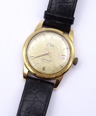 Auktion 356<br>Herren Armbanduhr Omega Seamaster Calendar, GG Gehäuse 0.750, Cal. 503, D. 34,5mm,Automatikwerk, Werk läuft, Alters- und Gebrauchsspuren [1]