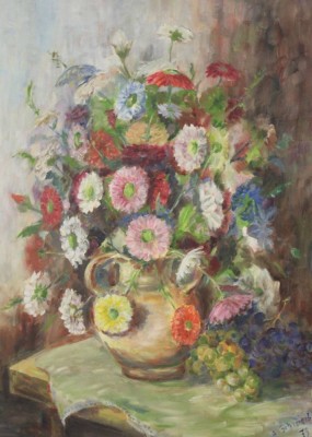 Auktion 335<br>wohl A.Schreieck `'79, Blumen in Vase, Öl/Leinwand,. gut gerahmt, RG 97,5 x 77cm. [1]