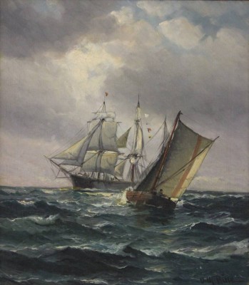 Auktion <br>Vilhelm BILLE (1864-1908) , wohl Lotsenboot auf dem Weg zum Vollschiff, Öl/Leinwand, gut gerahmt, Rahmen kl. Schaden an Ecke, RG 63 x 57,5cm [1]