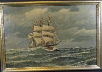 Auktion <br>kl. Kunstdruck mit Segelschiff, Kratzer, RG 31x45 cm [1]