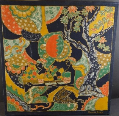 Auktion 335<br>Bakul Buah, Stoffmalerei, wohl Ubud, Bali, 47x47 cm [1]