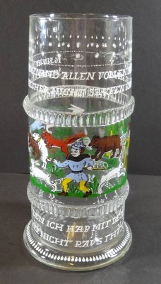 Auktion 335<br>grosses Glas, Handarbeit mit Sprüche und Tiere, H-26 cm,D-13 cm [1]