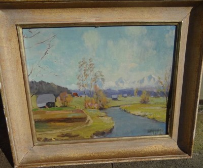 Auktion 335<br>unleserl. sign.Landschaft, Öl/Pappe, gerahmt, RG 48x56 cm [1]