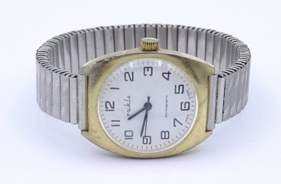 Auktion <br>Herren Armbanduhr Ruhla, mechanisch (handaufzug), Werk steht, Gehäuse 34x35mm, Tragespuren [1]