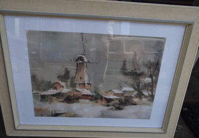 Auktion <br>unleserl. sign. Winterlandschaft mit Mühle, Mischtechnik, ger/Glas, RG 56x72 cm, rückseitig ebenfalls Glas [1]