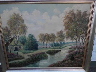 Auktion <br>anonyme norddt. Landschaft mit Bauerhaus, Öl/Platte, gerahmt, RG  84x95 cm [1]