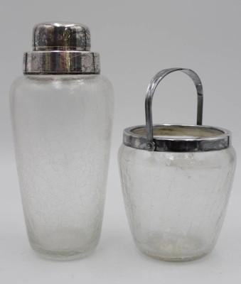 Auktion <br>Barshaker und Eisbehälter, Eisglas mit versilberten Monturen diese WMF, Shaker H-21cm. [1]