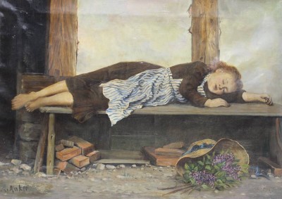 Auktion <br>frühe Kopie nach Albert Anker, schlafendes Kind, Öl/Leinwand, ungerahmt, restau.bedürftig, 40,5 x 56,5cm. [1]