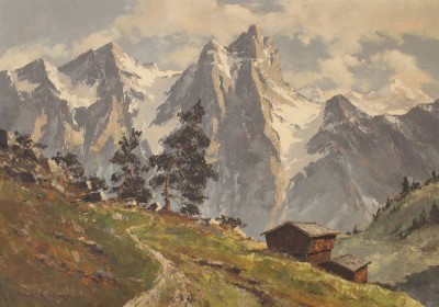 Auktion <br>Maximilian STRASKY (1895-?), Alpenpanorama mit Gebirgshütte, Öl/Leinwand, ungerahmt, 70,5 x 100cm. [1]