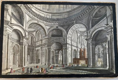 Auktion <br>grosser colorierter Stich um 1700, , Kirchen-Interieur, wohl Peters-Dom, Rom, BG 29x44 cm [1]