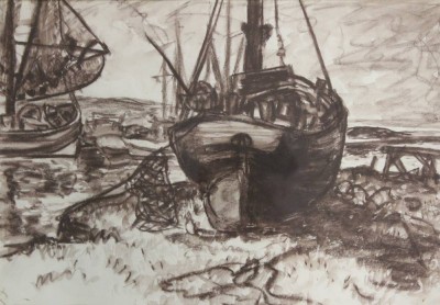 Auktion <br>Richard CURDES (1891-1974), Boote am Strand, Zeichnung, gerahmt/Glas, RG 43,5 x 55,5cm. [1]