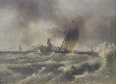 Auktion 349<br>Johann JUNGBLUT (1860-1912), Fischer mit Familie im Boot, Öl/Leinwand. datiert (18)80, gerahmt, RG 46,5 x 59cm. [1]