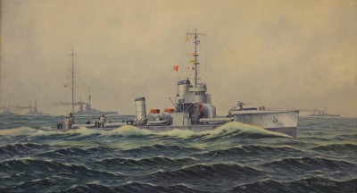 Auktion <br>H.Mahlstede, Torpedoboot im Flottenverband, Öl/Hartfaser, gerahmt, RG 52,5 x87,5cm. [1]